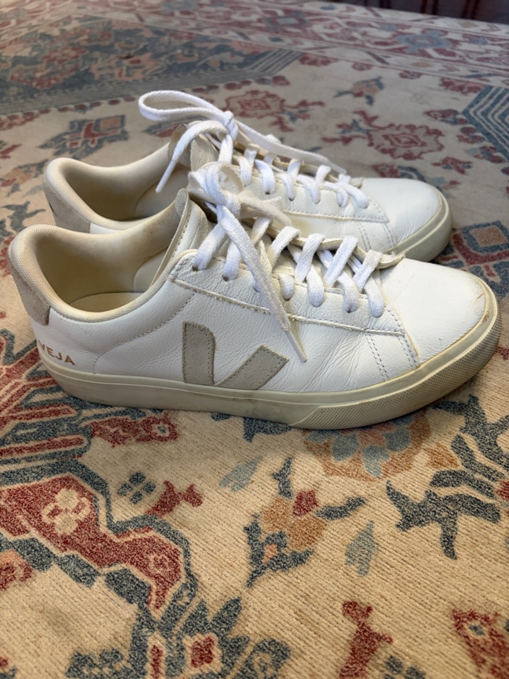 Veja White Sneakers with Light Beige V Accent